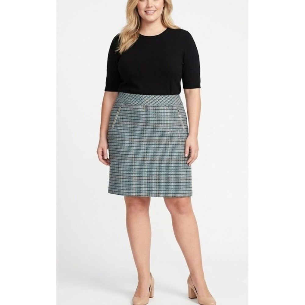 Talbots Skirt size 16W Blue Houndstooth‎ Plaid Wool Blend Zipper Pockets